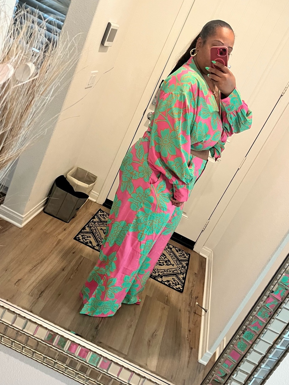 Pink and Green Floral Two-Piece Set - Cropped Tie Top & Wide Leg Pants - Picture 3 of 5